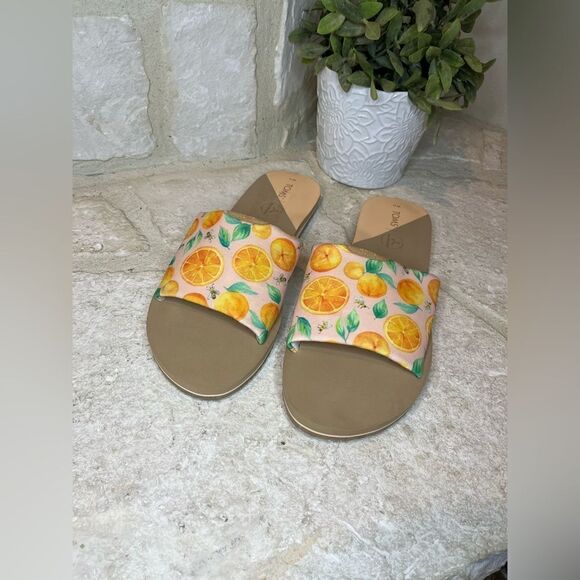 TOMS Carly Pale Pink Fabric Sunkissed Oranges Slip On Slides Sandals sz 11 - Picture 1 of 5